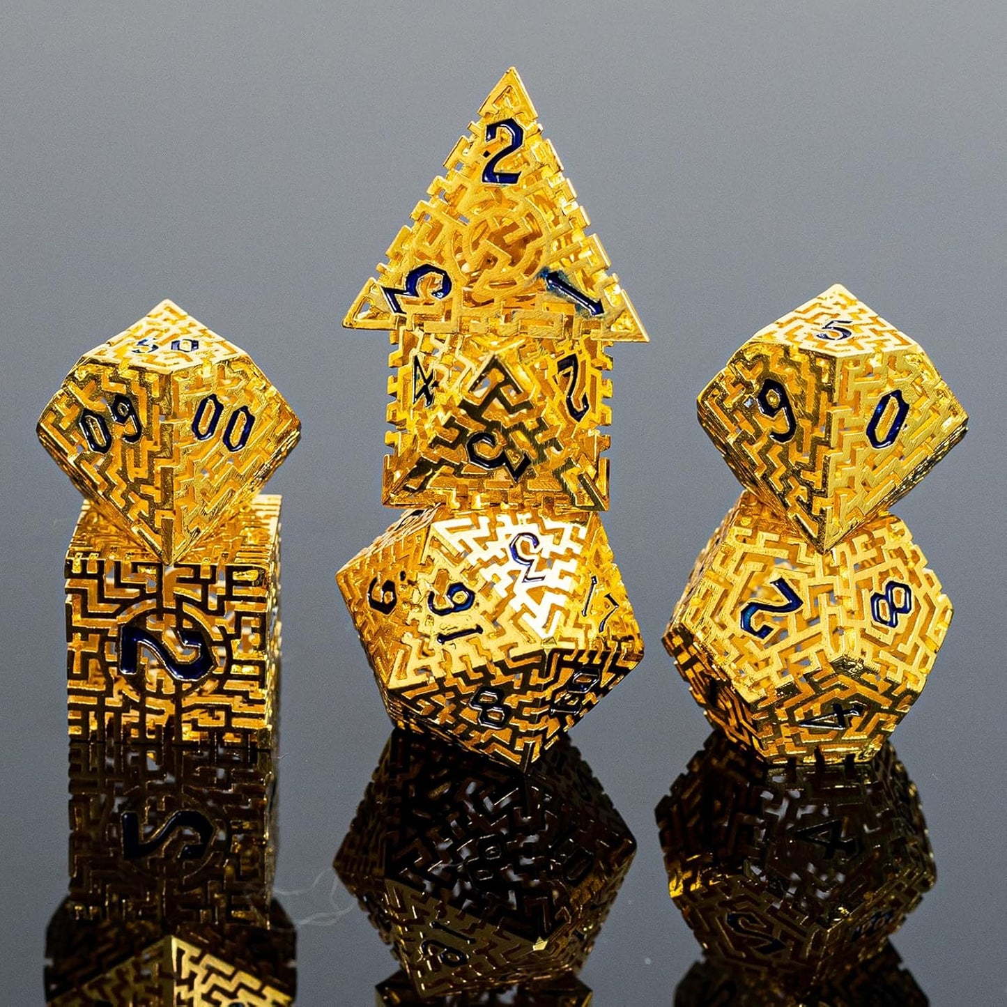 Golden Metal Hollow DND Dice Set (Paladin) Metallic Luster Maze Design with Storage Box - Balanced Weight 7 Piece Zinc Alloy, Designed for Dungeons and Dragons DM Player RPG Accessories