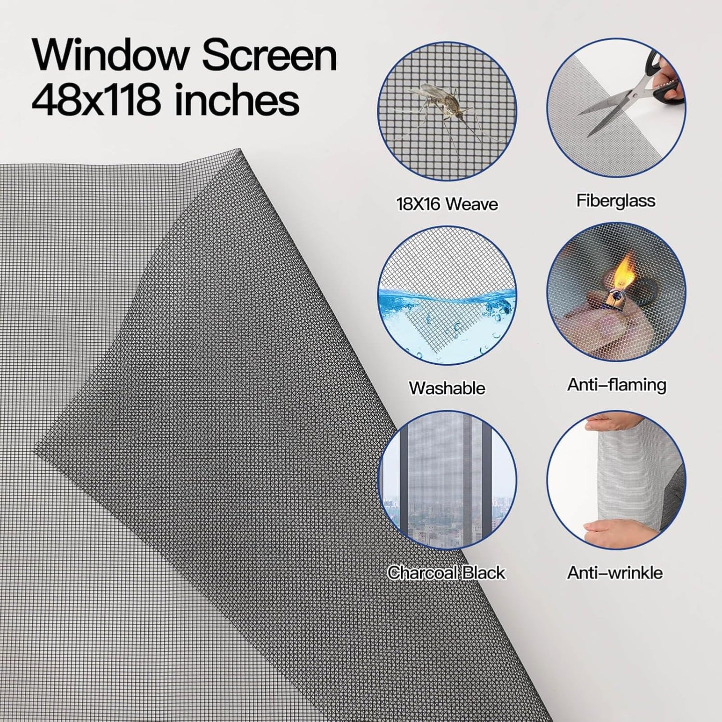Window Screen Door Repair Kit Include Window Screens Mesh 48"x118" with All Tools in Window Screen Replacement(2pcs Screen Rollers, Screen splines, Hook, Utility Knife and Ruler), Yolovit