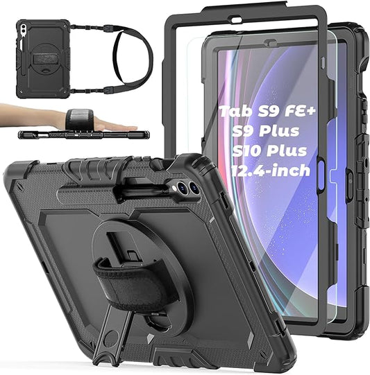 Case for Samsung Galaxy Tab S10 Plus/ S9 FE Plus/ S9 Plus 5G Tablet 12.4'', Shockproof Protective Cover with [Tempered Glass Screen Protector], Stand, Shoulder Strap & S Pen Holder (Black)