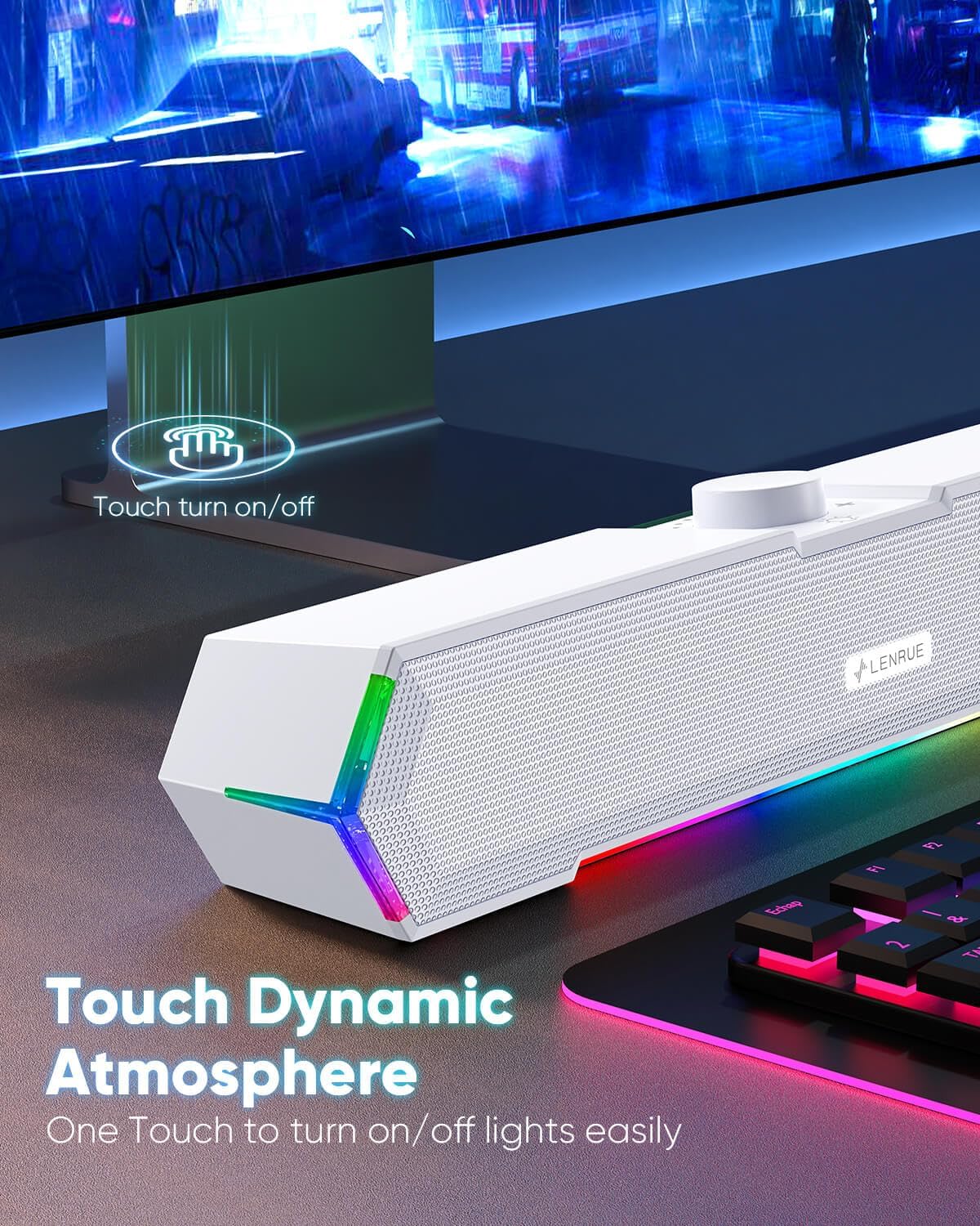 LENRUE G11 Computer Speakers for Desktop, Touch Lights PC Speakers with Surge Clear Sound, USB C/USB Powered for Computer Desktop PC Laptop Monitor (White)
