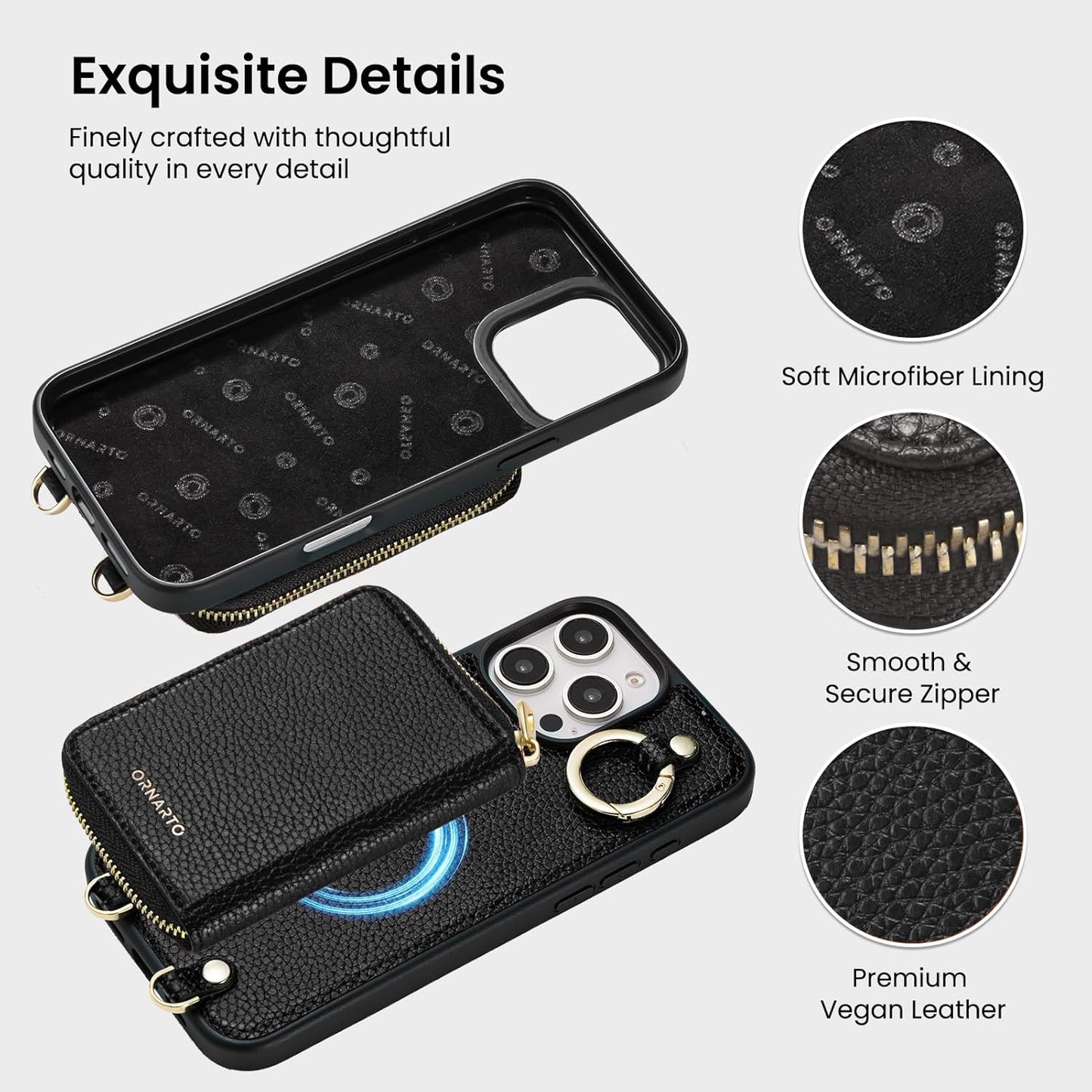 ORNARTO Magnetic Detachable Wallet Case for iPhone 16 Pro Max, [Compatible with MagSafe], Crossbody Wallet Case with Card Holder Wrist Strap, RFID Blocking PU Leather Wallet Phone Cover 6.9", Black