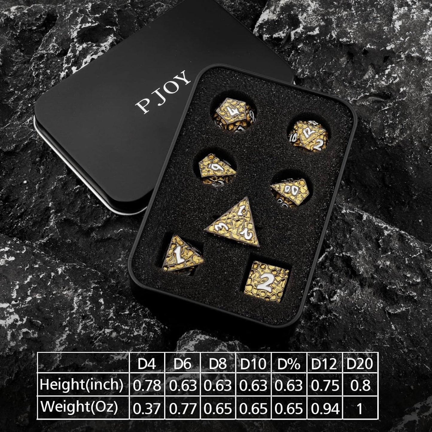PJOY Metal D&D Dice Set for Dungeons and Dragons Dice with Case Meteorite Black Gold Glitters 7PCS 16mm Role Playing Cool DND Gifts for Players DM Board Game Masters