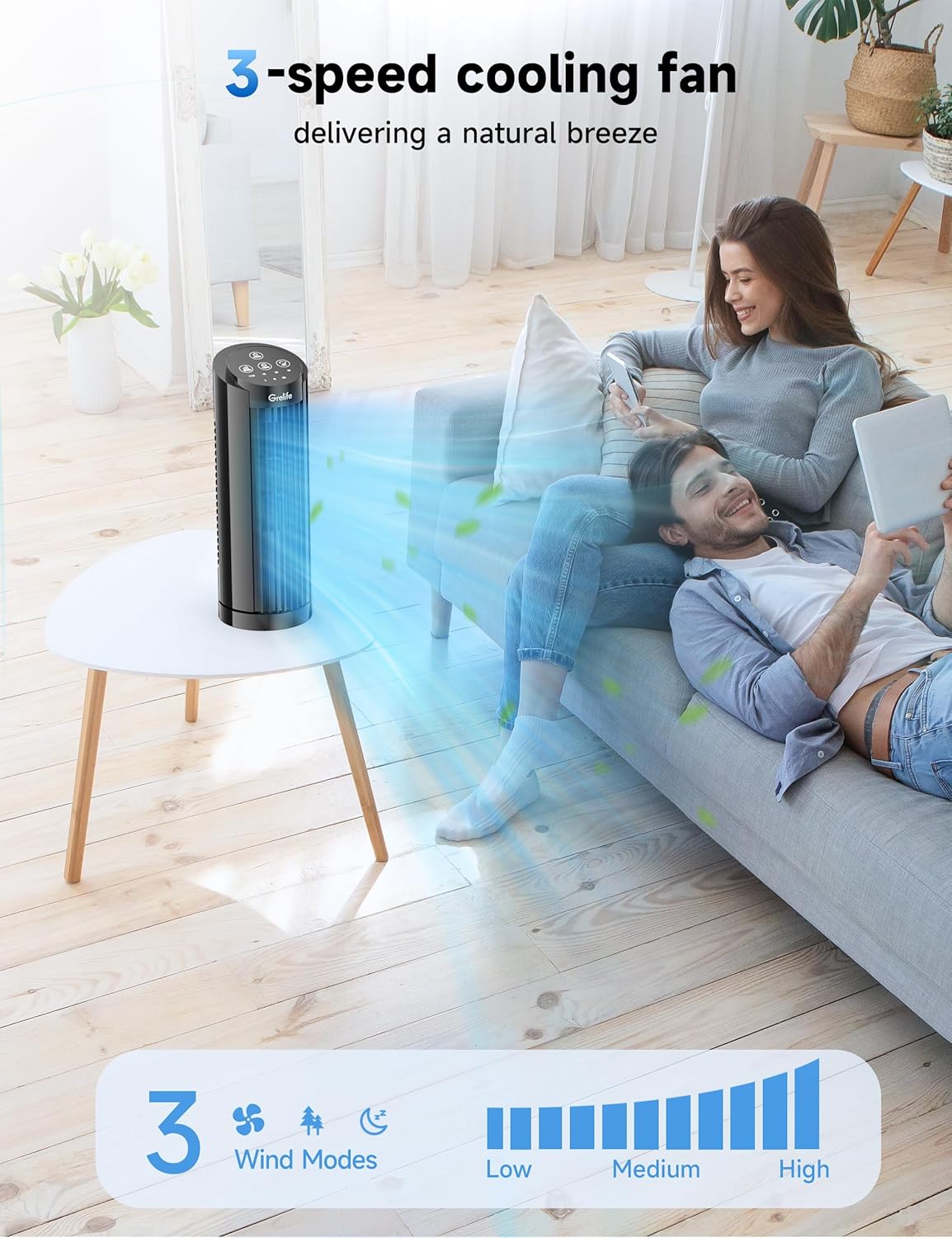 Grelife Tower Fan, 13" Electronic Model with Remote Control, 28dB Quiet Operation, 90° Wide Oscillation, 3 Speeds, 7.5H Timer, LED Display, Bladeless Safe Design for Bedroom Office Home Dorm and Desk