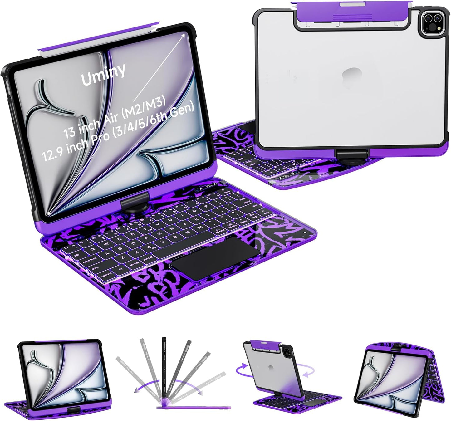 Keyboard Case for 12.9 inch iPad Pro 6/5/4/3rd Gen & 13 inch iPad Air (2025 M3, 2024 M2) Wireless Keyboard with Trackpad 7 Color Backlit, Transparent Protective Cover with Pencil Holder (Purple)