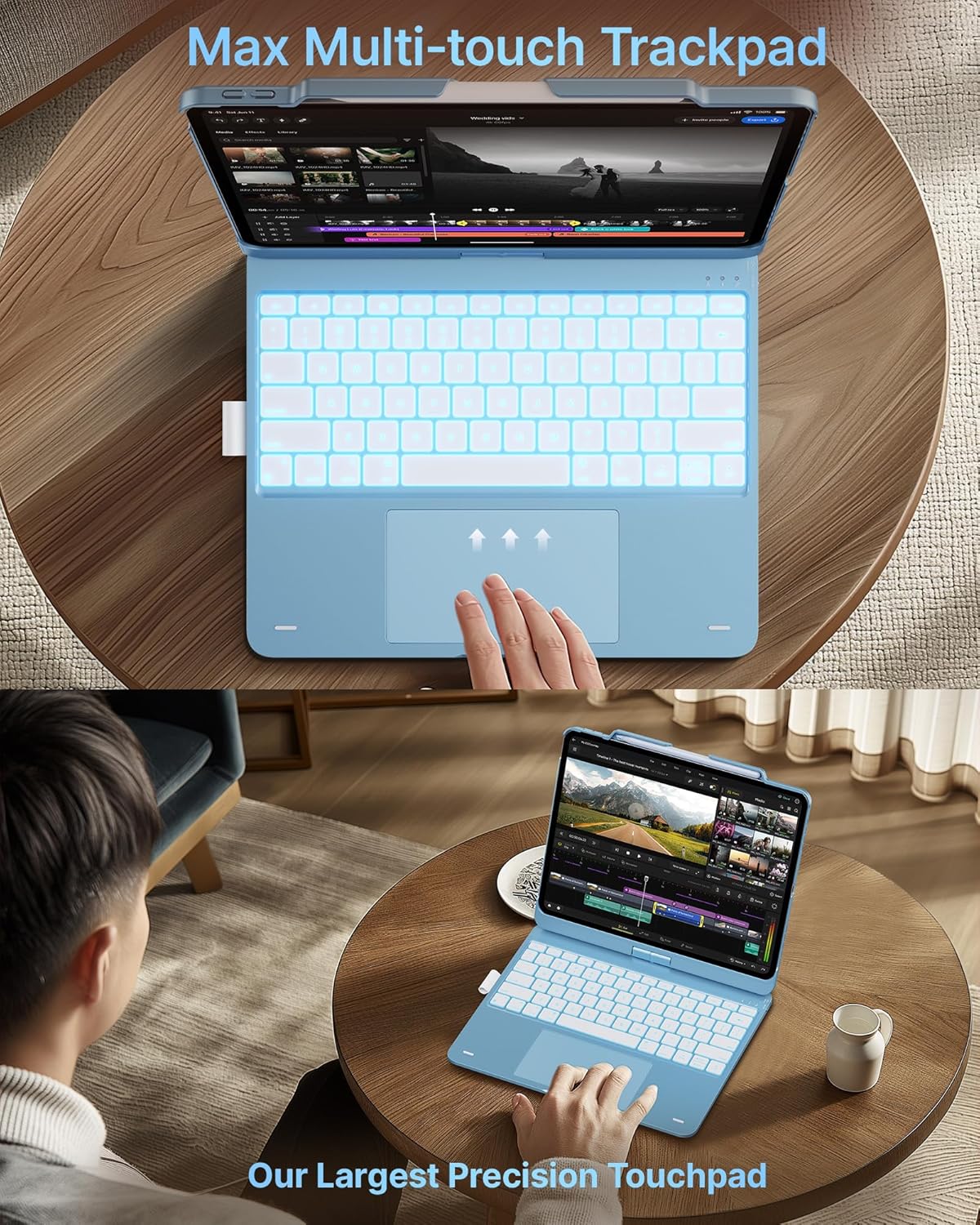 typecase Touch Case with Keyboard for iPad Pro 13-inch(M4, 2024), iPad Air 13-inch(M3, 2025/M2, 2024) & iPad Pro 12.9(6th/5th/4th/3rd Gen), Trackpad, 360° Rotatable, 11-Colors Backlit, Pale Blue