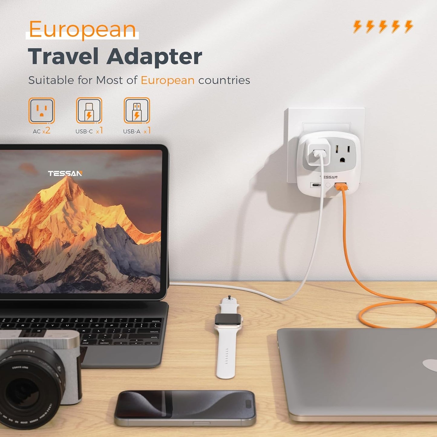 European Travel Plug Adapter, TESSAN Type C Adaptor with 2 Electrical Outlets 2 USB Ports (1 USB C), EU Power Adapter for US to Europe International Iceland Spain Italy France Germany Greece