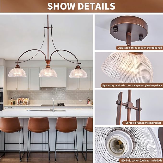3-Light Oil Rubbed Bronze Pendant Light for Kitchen Island Farmhouse Dining Room Chandelier Over Table Adjustable Hanging Light Fixtures with Crystal Glass for Living Room Hallway Entryway