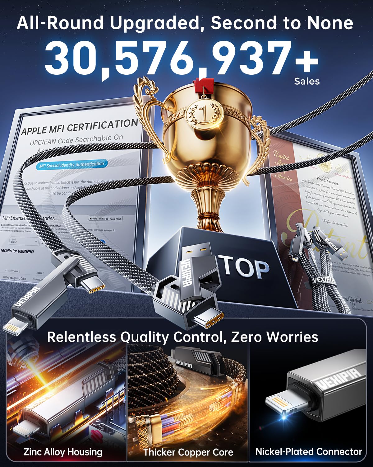 [Upgraded] Vexipia 4-in-1 Long USB C Cable 60W 10FT Lightning Cable Fast Charging Flat Nylon Braided for iPhone iPad Charger Cord[480Mbps Data Sync] Multi Charge Combo with Lightning/Type C/USB A Port