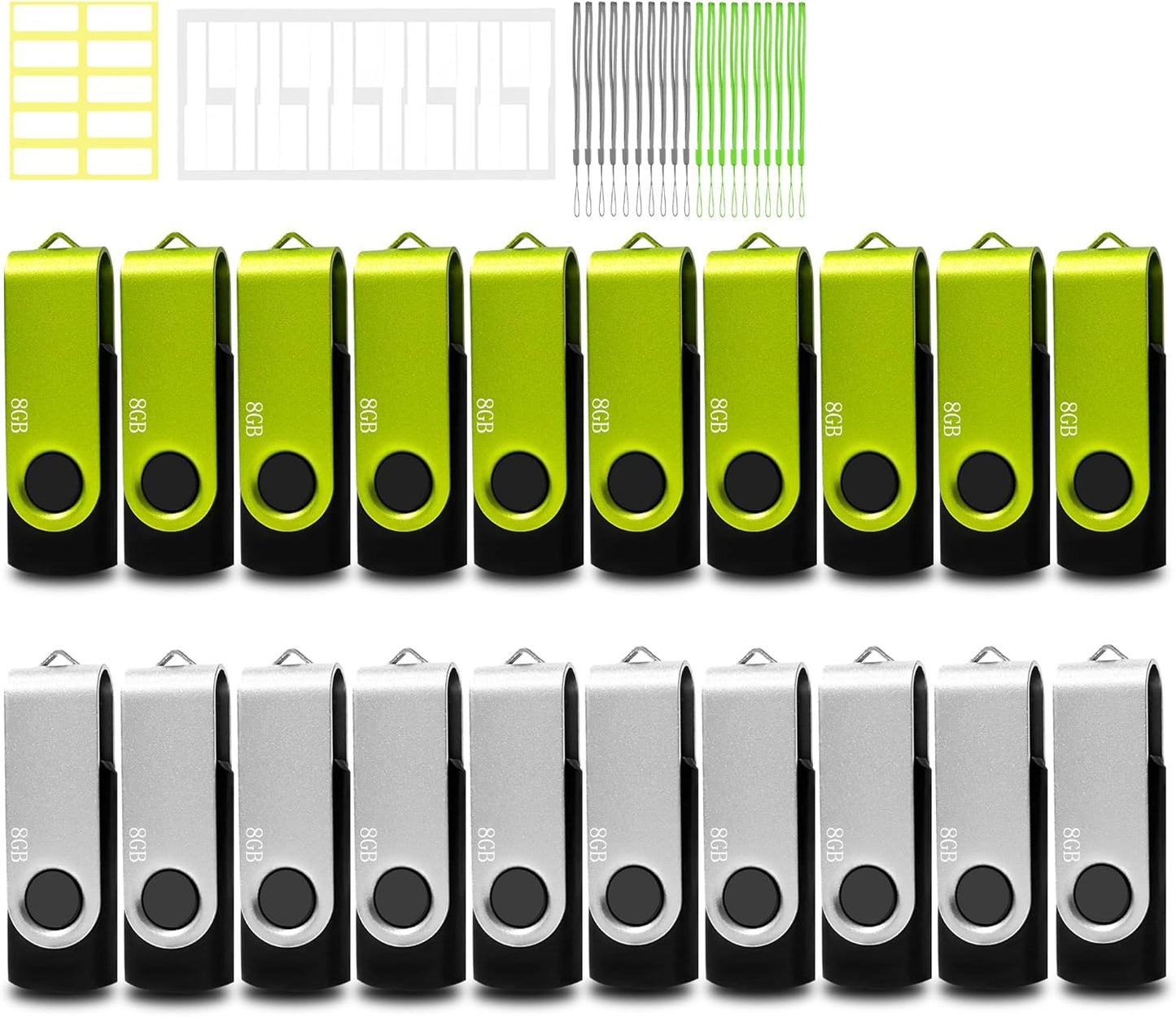 8GB USB Flash Drive 20 Pack Bulk USB Thumb Drive Swivel Zip Drive USB 2.0 Flash Drives 8GB Bulk Green & Sliver Memoris Memory Stick Jump Drives Multipack with Lanyards Label