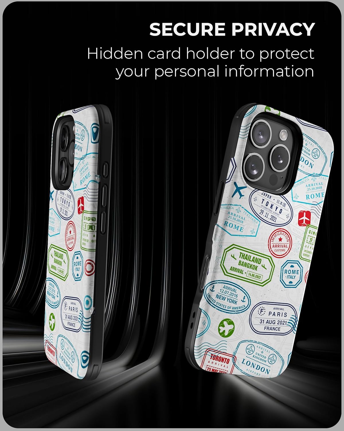 TORU CX Slim for iPhone 16 Pro Case Wallet | Protective Shockproof Heavy Duty Cover with Hidden Card Holder & Card Slot | Mirror & Wrist Strap Included - Travel Stamps