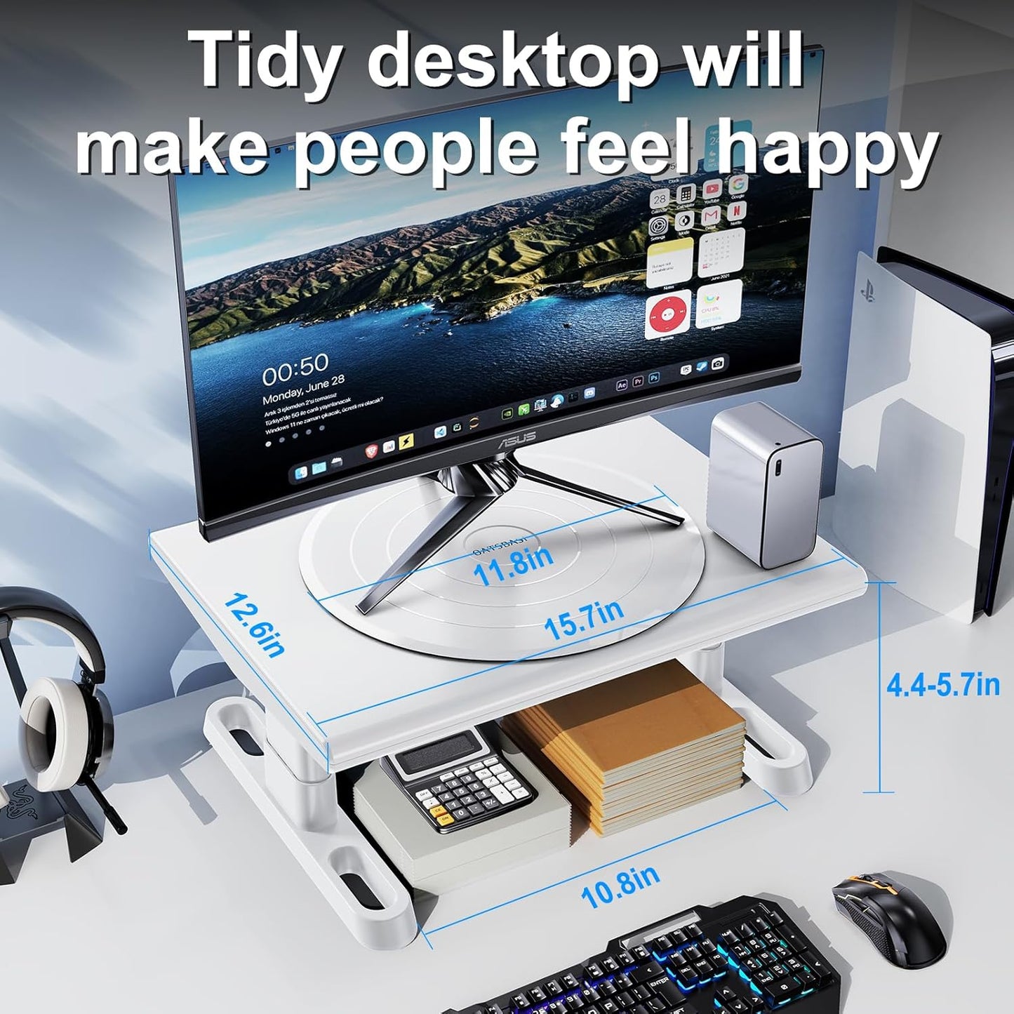 Monitor Stand Riser for Desk,360°Rotation Freely Height Adjustable by Knob,4.4-5.8 Inches,Ergonomic Monitor Stand Mount, Desktop Monitor Stands Riser for Computer,Laptop,Printer,Tv,White