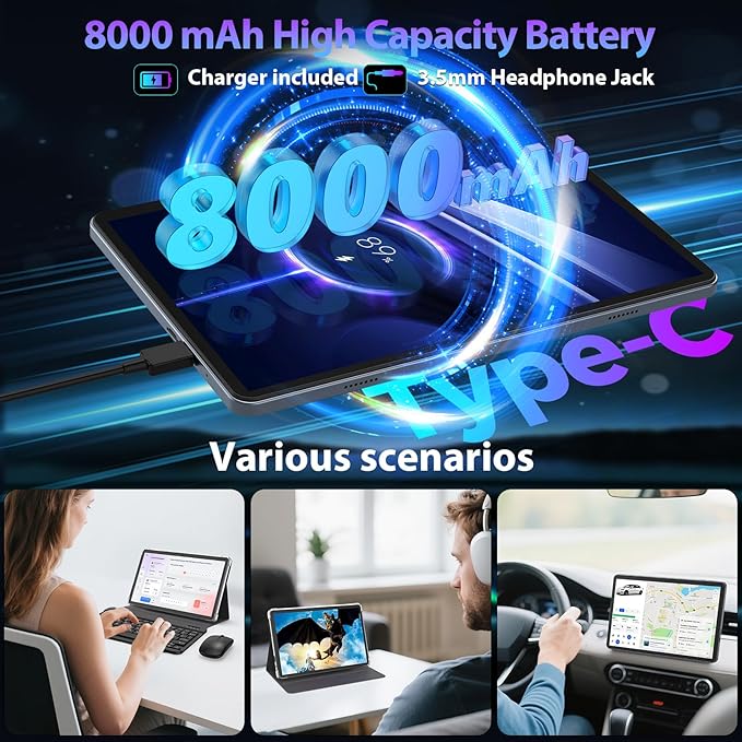 Android 15 Tablet with Keyboard, 26GB RAM, 256GB ROM(2TB Expand), 10 inch tablet with Octa-core, 8000mAh Battery, 2.4G/5G WiFi, BT 5.0, 5MP+13MP Camera, Gemini AI, Case, Mouse, Stylus (Green Case)