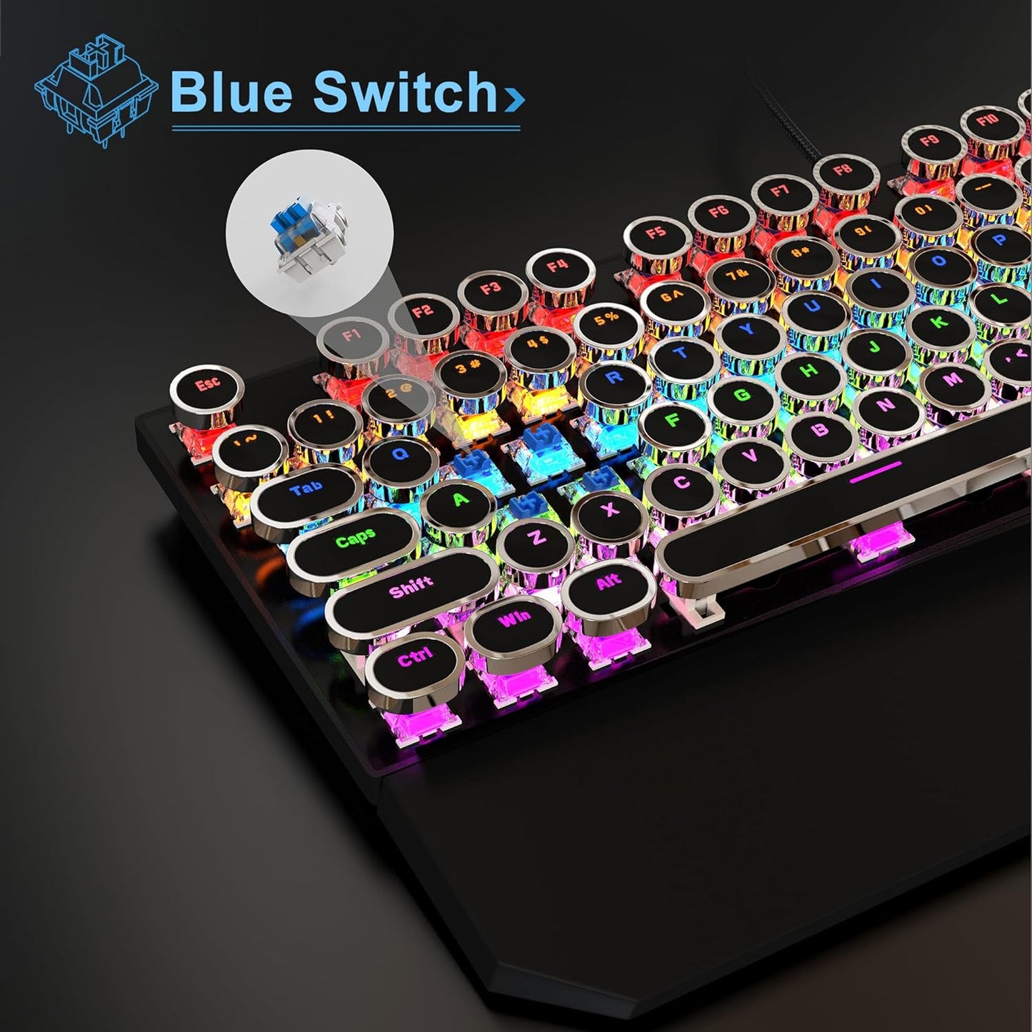 MageGee Typewriter Mechanical Gaming Keyboard, Retro Black Punk Round Keycaps RGB Rainbow Backlit Wired Keyboards for Laptop MAC PC Gamer, with Magnetic Wrist Rest - Blue Switch