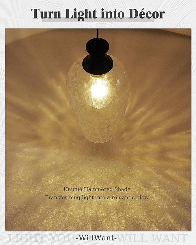 Black Pendant Lights Kitchen Island, Modern Farmhouse Hanging Ceiling Light with Hammered Glass for Dining Room Kitchen Sink