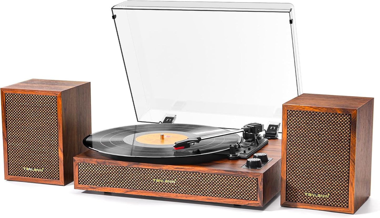 Vinyl Record Player with External Speakers, 3 Speed Vintage Stereo Turntable for Vinyl Records, Bluetooth Input, Auto Stop & Belt Driven System, RCA Out and Aux in - Brown Wood