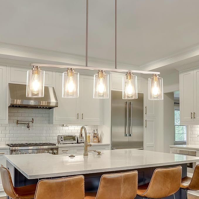 Island Light for Kitchen, Brushed Nickel Dining Room Light Fixture Over Table, 5-Light Linear Chandelier Pendant Lighting for Dining Table Kitchen Island Living Room
