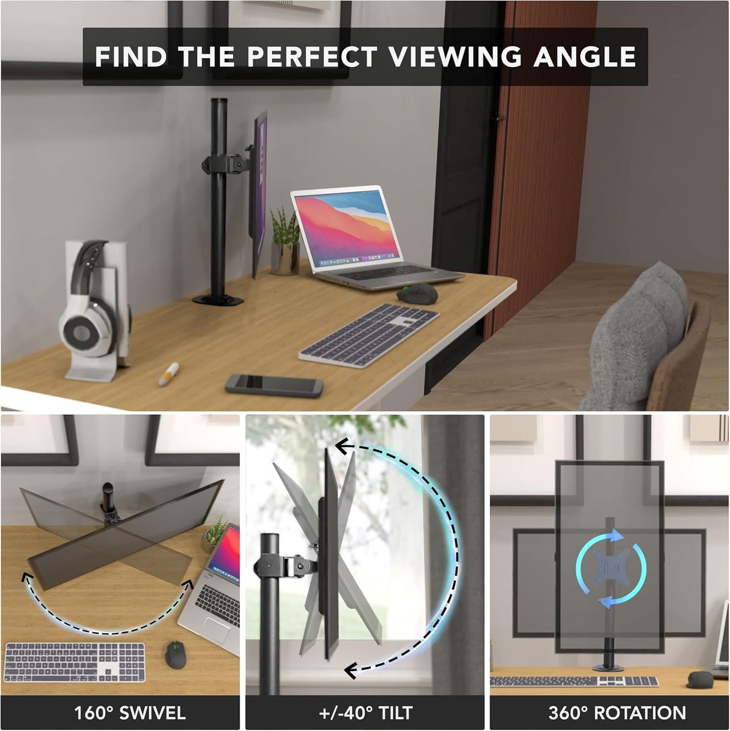 Mount-It! Single Monitor Desk Mount – Computer Screen Stand with Full Motion Adjustability – VESA Monitor Bracket Up to 32" 19.8 lbs – 360° Rotation, 160° Swivel, 40° Tilt – Clamp & Grommet Base