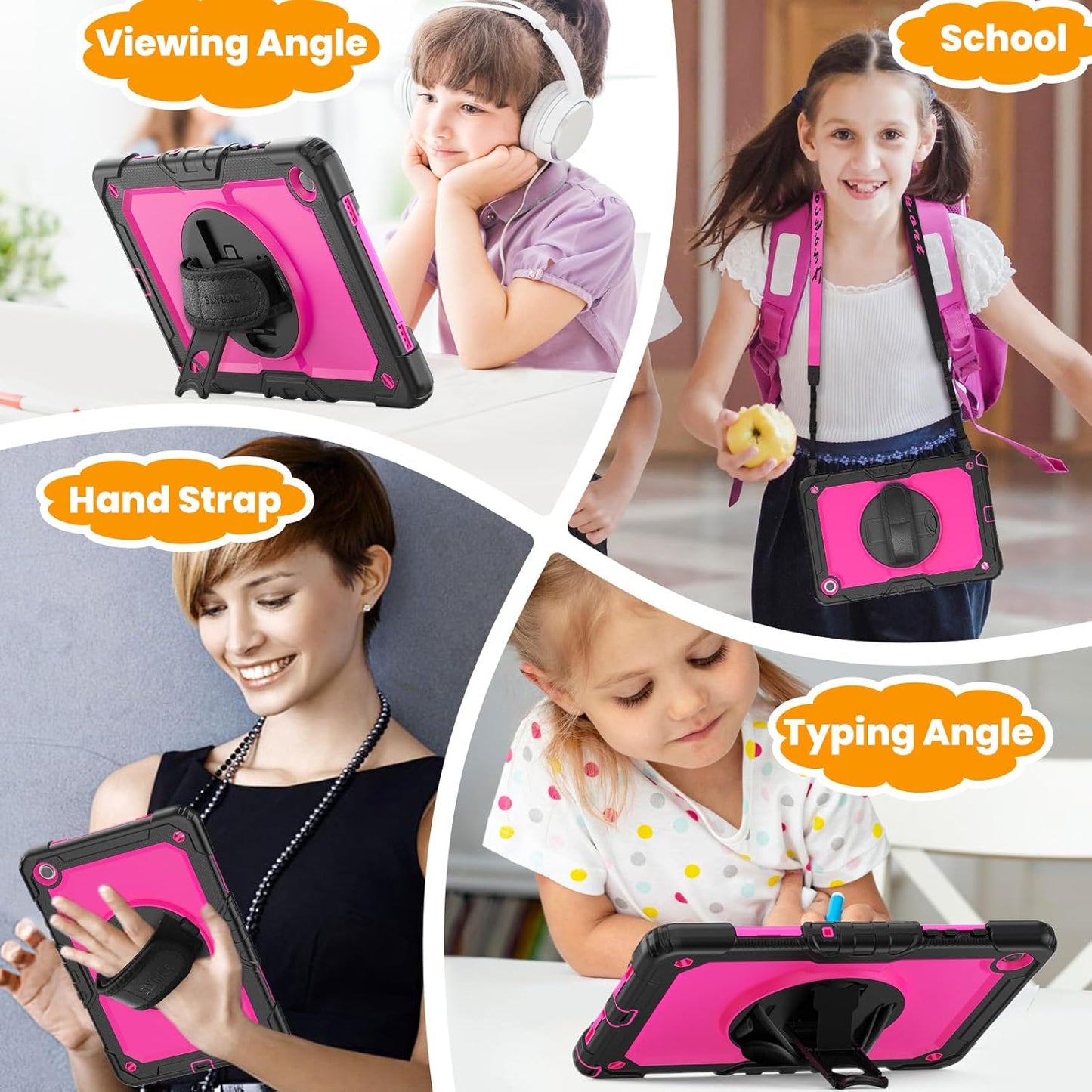 SEYMAC stock Case for Samsung Galaxy Tab A9+ Plus 11'', Full-Body Drop Protection Case with Screen Protector Pencil Holder [360° Rotating Hand Strap] &Stand, Pink+Black