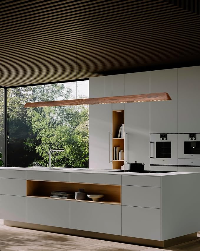 70" Wood Linear Pendant Light, Dimmable Kitchen Island Lighting with Remote, 30W LED Island Lights for Kitchen, Adjustable Linear Chandelier for Dinning Room Light Fixture, Bar, Pool Table - Walnut