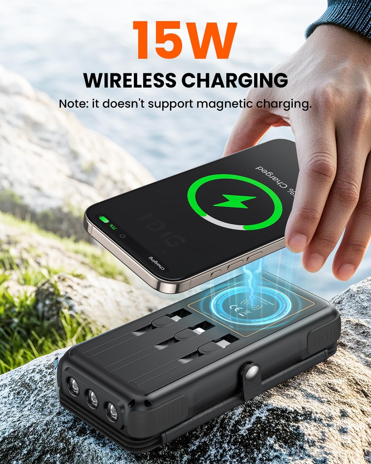 SOARAISE Wireless Solar Power Bank, 25000mAh Solar Charger with Built-in 3 Cables, Dual Outputs, 4 Solar Panels & 3 LED Flashlights, Portable Phone Charger for Outdoor Camping（Black）