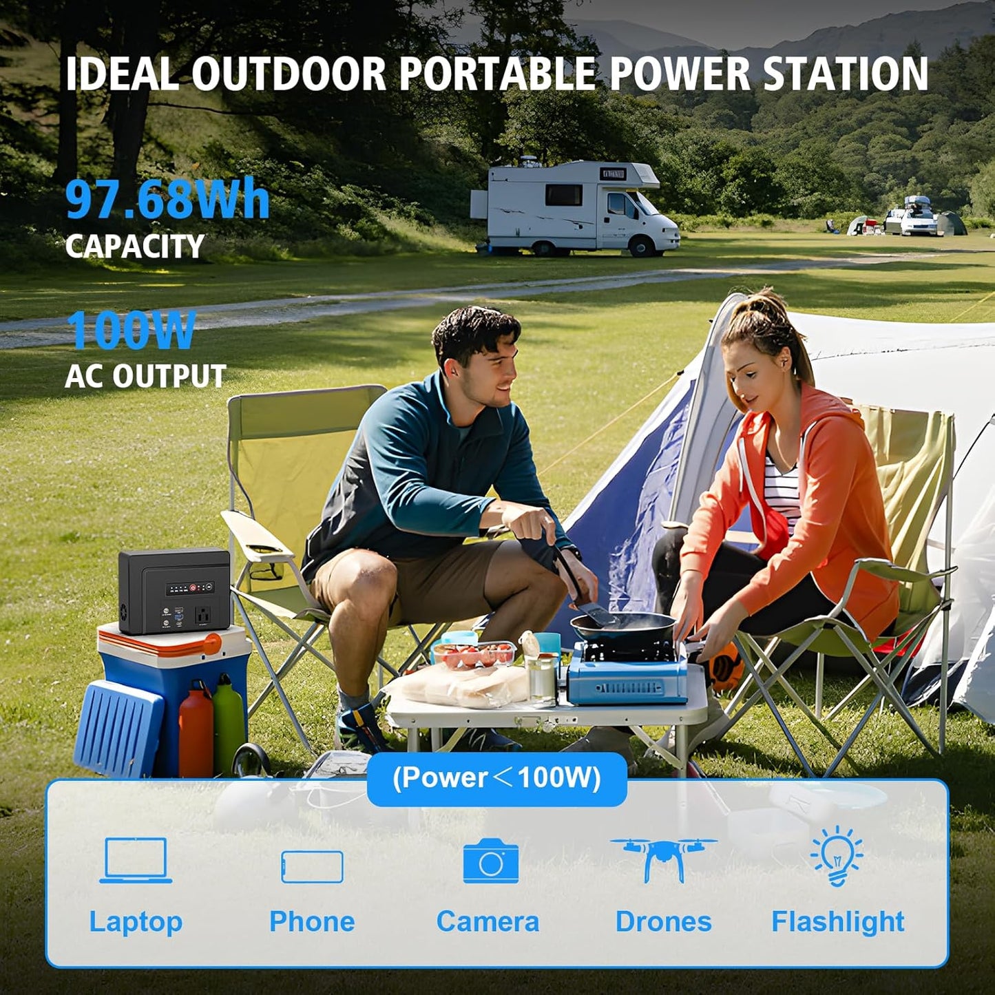 Powkey Solar Powered Generator 100W Rated, 97Wh Portable Power Station with Solar Panels 30W Included, Fast Charging Power Bank with AC Outlet 110V/PD65W USB C/QC 3.0 for Outdoor Camping Home Backup