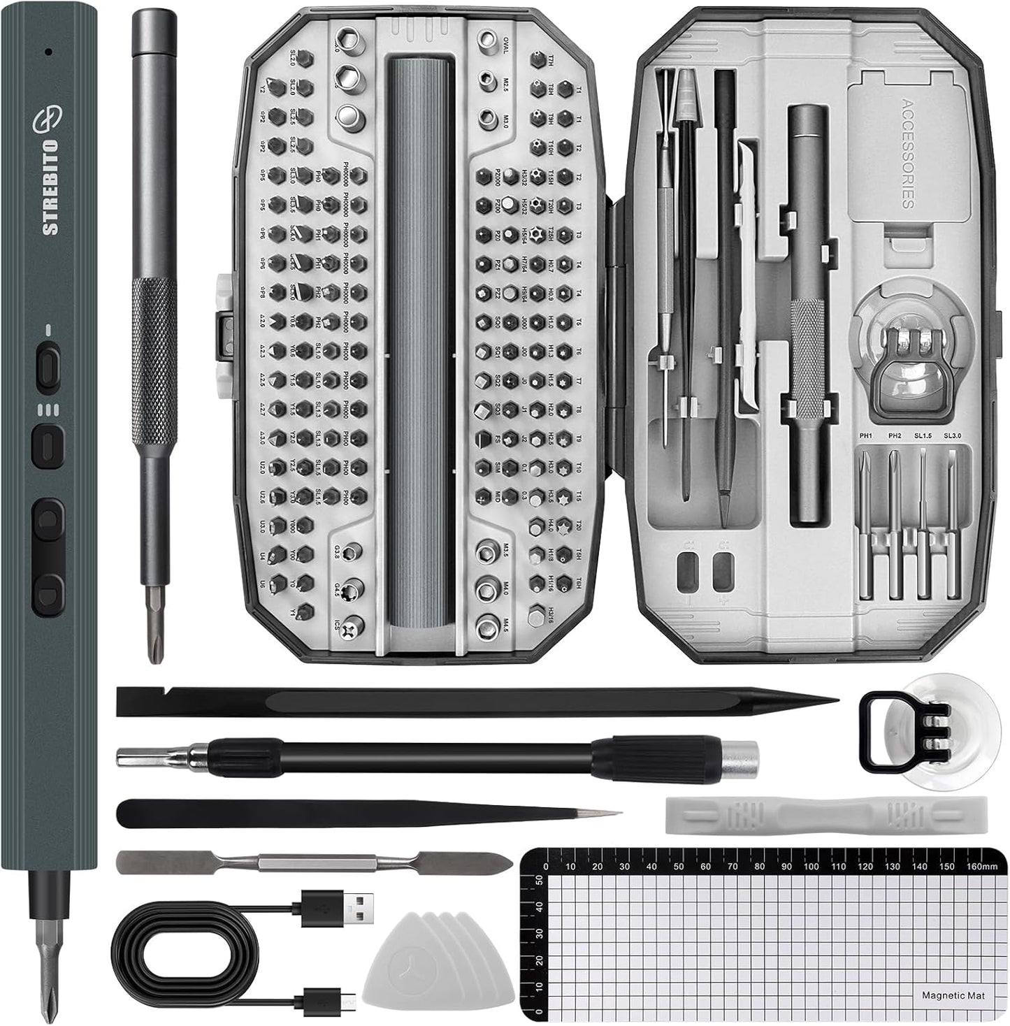 STREBITO Mini Electric Screwdriver, 155 in 1 Electric Precision Screwdriver Set with 140 S2 Magnetic Bits, Max 5 N.m, 650mAh Battery, Small Power Screwdriver Electronic Repair Tool Kit for Computer RC