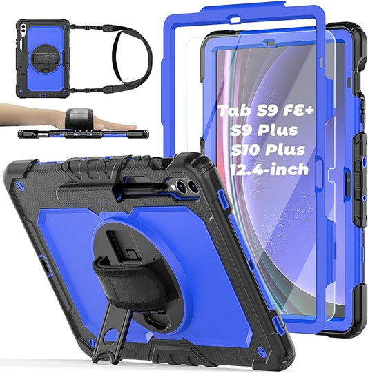 Case for Samsung Galaxy Tab S10 Plus/ S9 FE Plus/ S9 Plus 5G Tablet 12.4'', Shockproof Protective Cover with [Tempered Glass Screen Protector], Stand, Shoulder Strap & S Pen Holder (Blue)