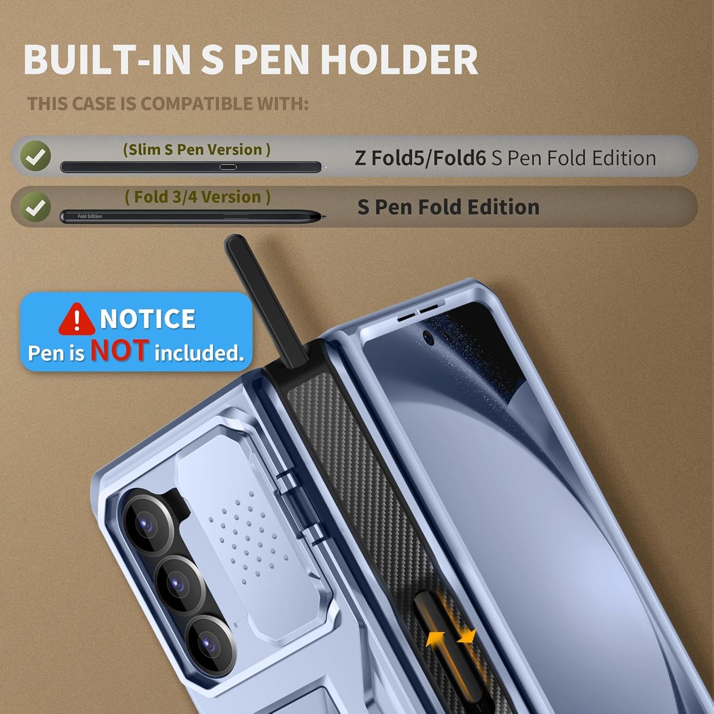 TONGATE for Z Fold 5 Case, [with S Pen Slot & Hinge Protection] [Tempered Glass Screen Protector] Full-Body Military Drop Phone Case for Samsung Galaxy Z Fold 5 with Kickstand & Belt Clip, ICY Blue