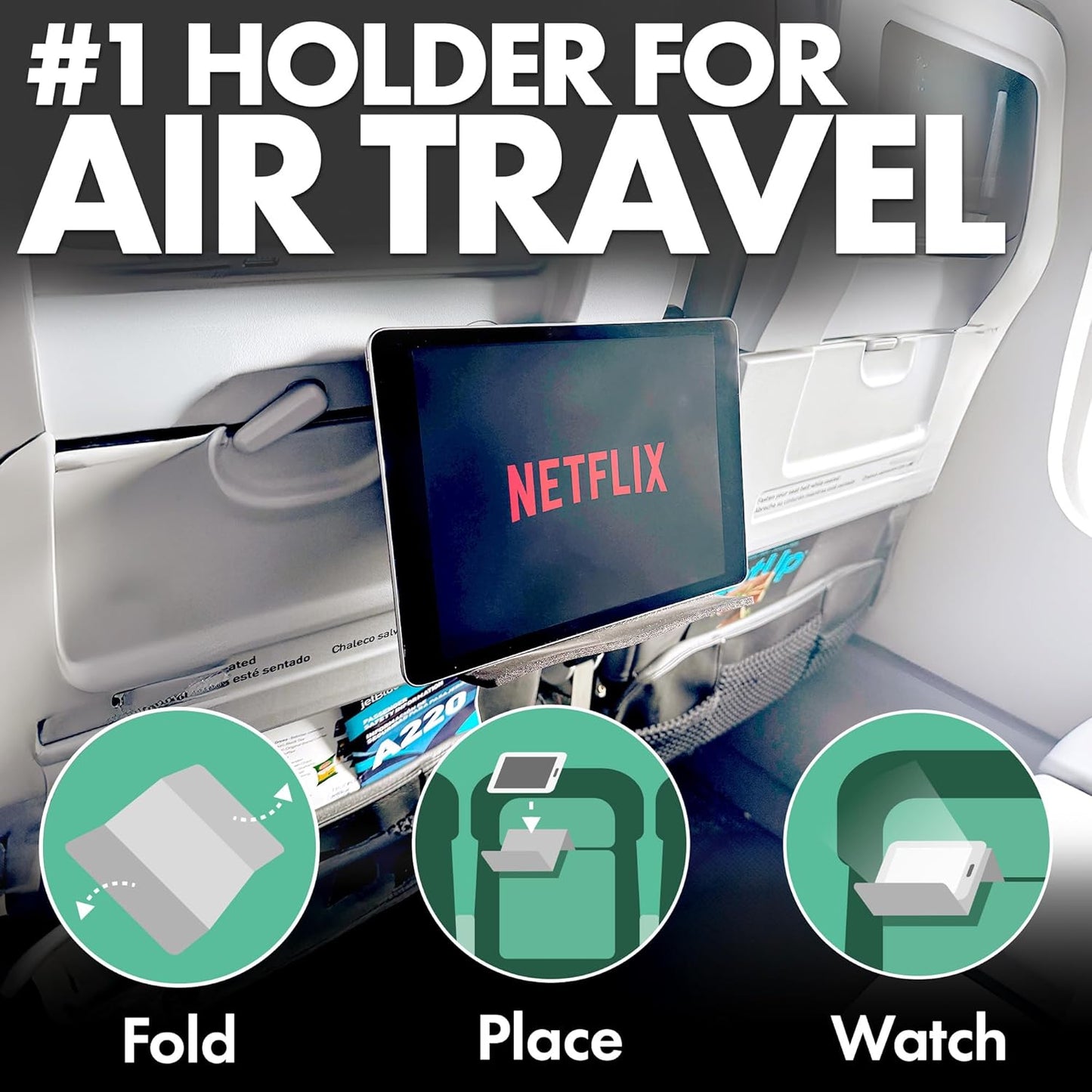 Airplane Tablet Holder, Extra Large 12x7” Flexible Cell Phone and Tablet Holder, Folding Cellphone Stand for Desk, Kindle, Bed, Long Flight Travel Accessories, Plane Essentials (Black)