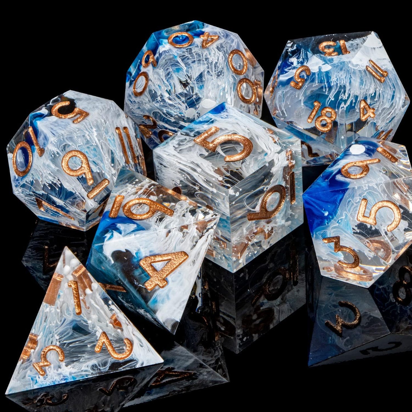 ARUOHHA Blue DND Resin Dice Set 7PCS Translucent Handmade RPG Polyhedral Sharp Edge Dice Set with Gift Box, Glitter Inclusions D and D Dice D20 D12 D10 D8 D6 D4