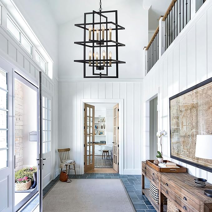 33.46" Large Black Chandelier for High Ceilings Tiered Pendant Light Fixtures Rectangular Farmhouse Chandelier for Foyer Entryway Staircase Living Room Kitchen Island 8 Lights