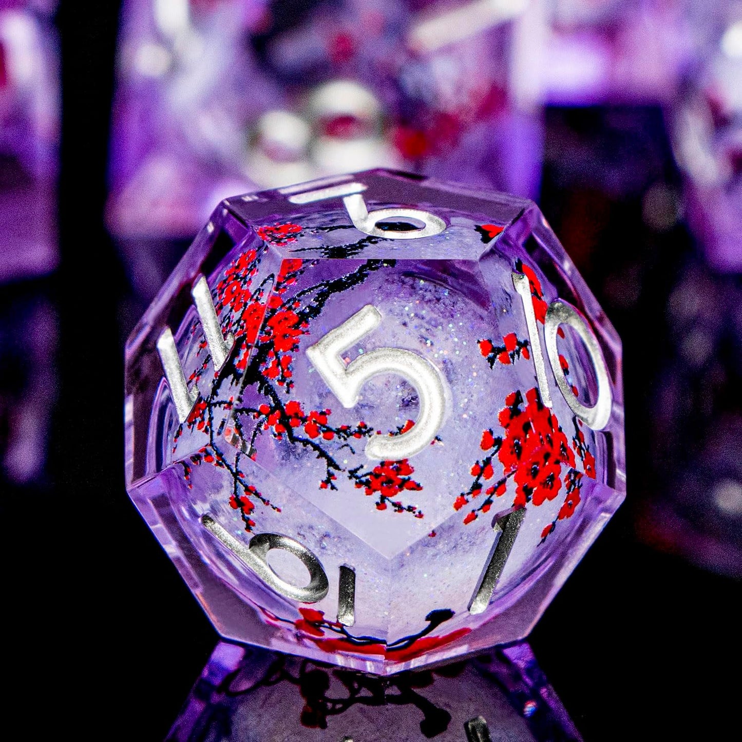 Plum Blossom DND Dice Purple Liquid Core Dice Set with Metal Box, Handmade Sharp Edge Dice D and D Polyhedral Dice for use with D&D RPG Role Playing Game