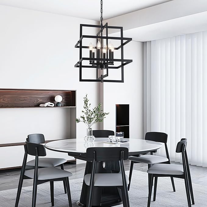 22.04" Modern Black Chandelier Geometric Pendant Light Fixture Hanging Industrial Farmhouse Chandeliers for Dining Room Kitchen Island Living Room Entryway Foyer Hallway 6 Light
