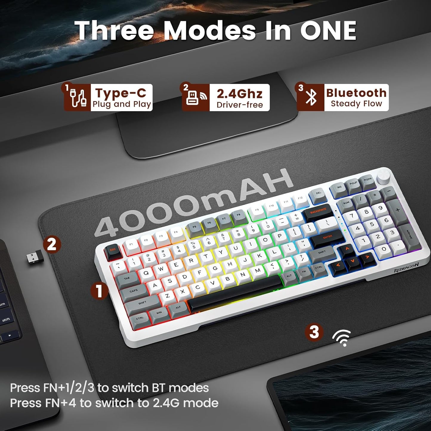 Redragon Wireless Mechanical Keyboard, 3 Mode Gasket Mounted RGB Gaming Keyboard with Volume Knob, Pre-Lubed Linear Switches, MDA-Profile, 98 Keys Hot Swappable Creamy Keyboard for Pc/Tablet/Xbox Blue