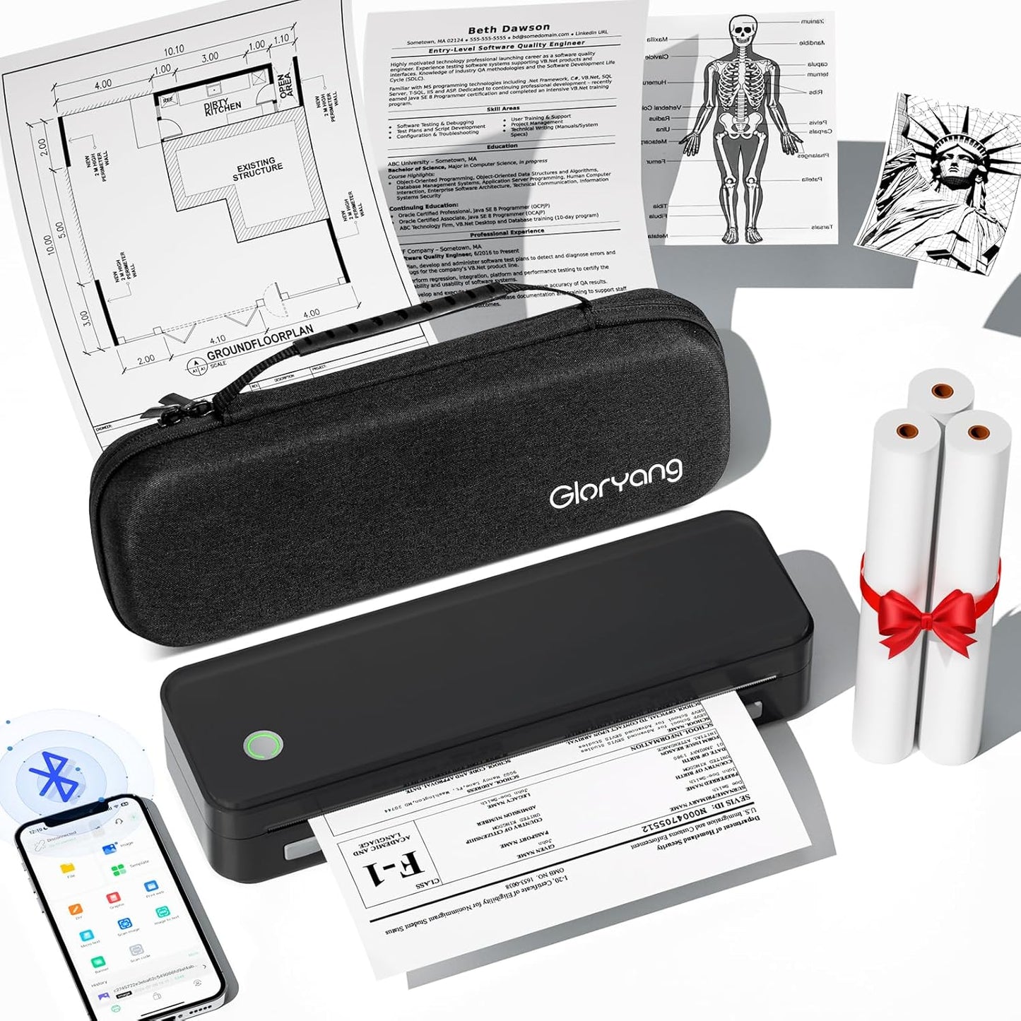 Inkless Portable Printer for Travel, Wireless Thermal Printer Supports 8.5 x 11 Inch Thermal Paper, Bluetooth Machine Includes Carry Case and 3 Rolls of Paper Kit, Black