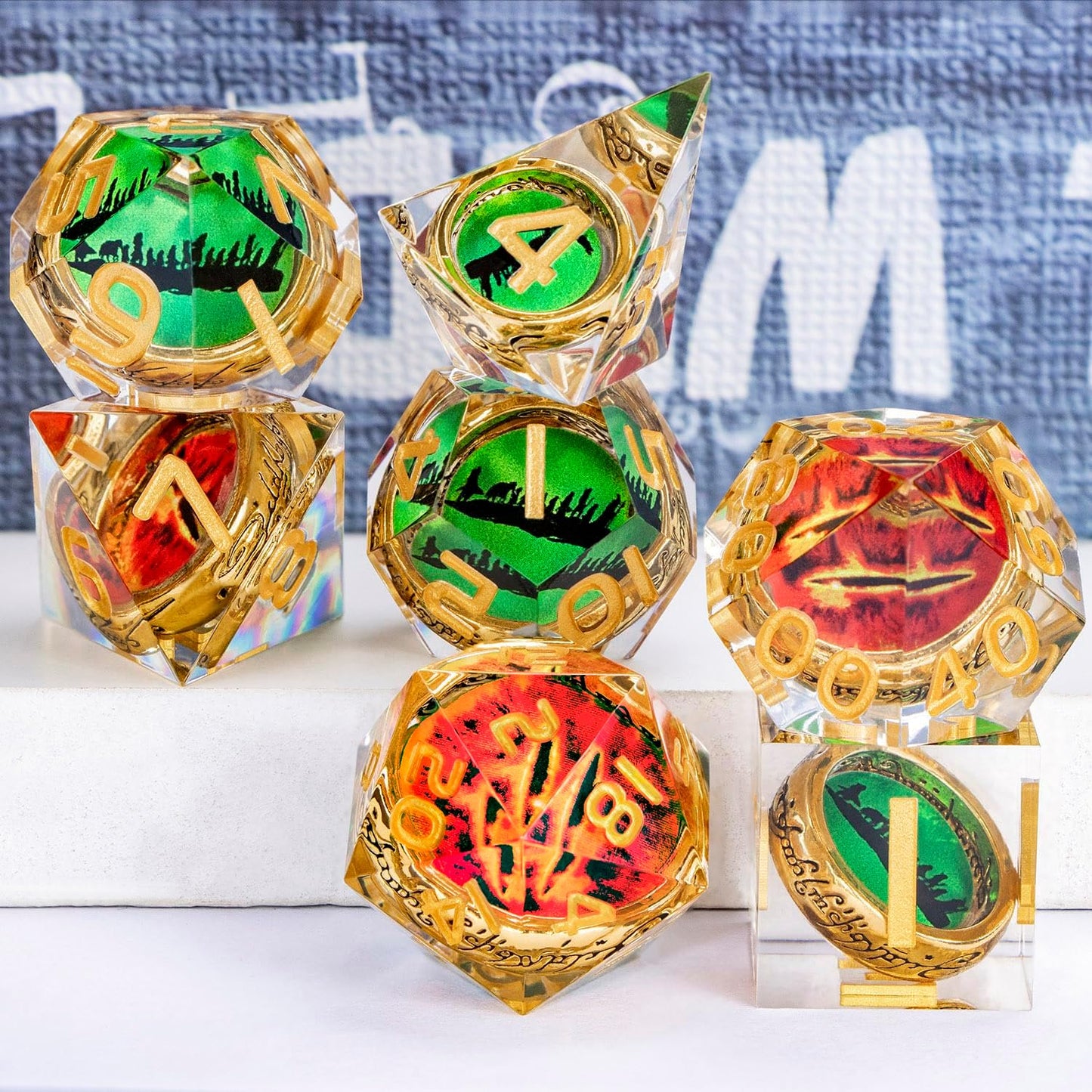 Magic Golden Ring DND Dice Set Sharp Edge Red Gaze Eye Resin Dice with Box, for use with RPG D&D Tabletop Games Lord D and D Polyhedral Dice Set