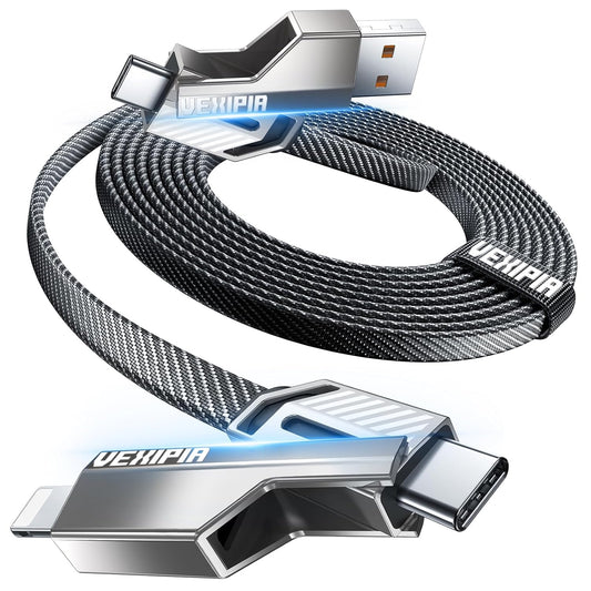 [Upgraded] Vexipia 4-in-1 Long USB C Cable 60W 10FT Lightning Cable Fast Charging Flat Nylon Braided for iPhone iPad Charger Cord[480Mbps Data Sync] Multi Charge Combo with Lightning/Type C/USB A Port