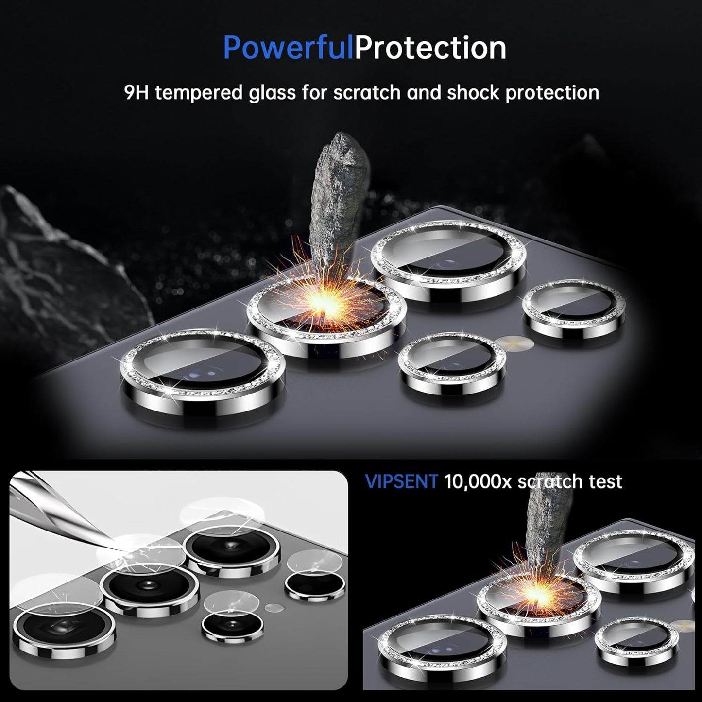 For Samsung Galaxy S25 Ultra Camera Lens Protector, Individual Lens Protector, Ultra HD 9H Tempered Glass Screen Protective Cover, Anti-scratch, Military Grade Drop Protection 2 Set. (Glitter Silver, S25 Ultra)