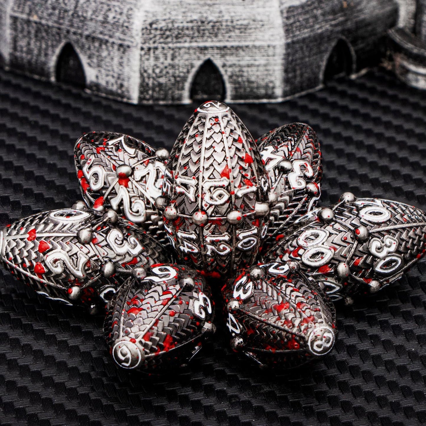 ARUOHHA DND Metal Dice Blood Splatter Dragon Egg Dice with Rotating Dragon Egg Shell, Role Playing Game RPG Polyhedral D and D Dice Set D20 D12 D10 D8 D6 D4