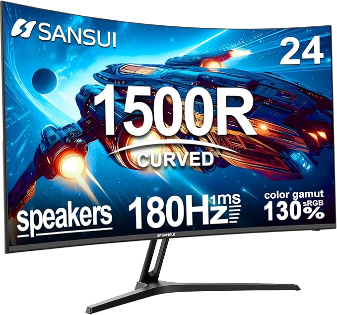 SANSUI 24 Inch Curved Gaming Monitor up to 180Hz MPRT 1ms with Built-in Speakers,FHD 1080P Computer Monitor Freesync 130% sRGB HDR,HDMI DP Ports VESA Mount Metal Stand(ES-G24C1 HDMI Cable Included)