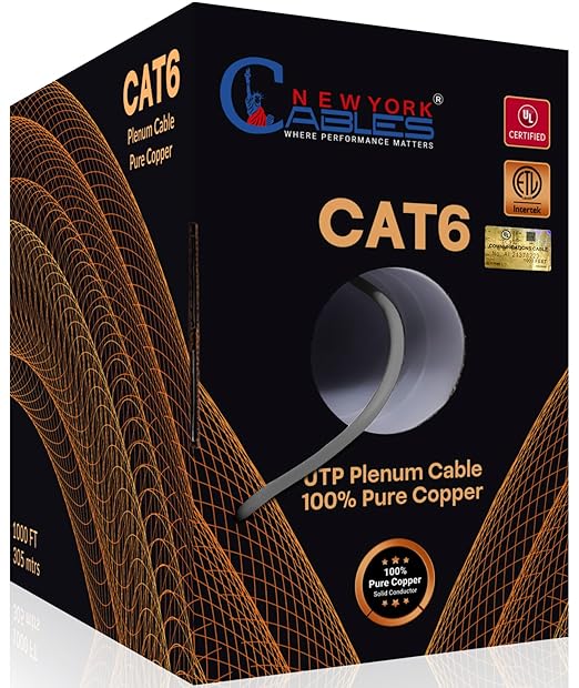 NewYork Cables | CAT6 Plenum Cable 1000ft UL/ETL Listed, 100% Pure Copper, UTP, 550MHz, 23AWG, 4Pair 10GB Ethernet Cable | Certified CMP-Rated Fire-Resistant (1000ft, Pure Copper UL Listed, Grey)