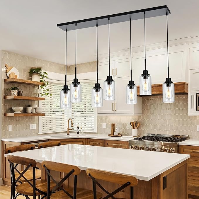 MELUCEE Linear Hanging Pendant Lights with Clear Glass Shade Black Dining Room Light Fixtures Over Table Kitchen Island Lighting, Adjustable Hanging Height