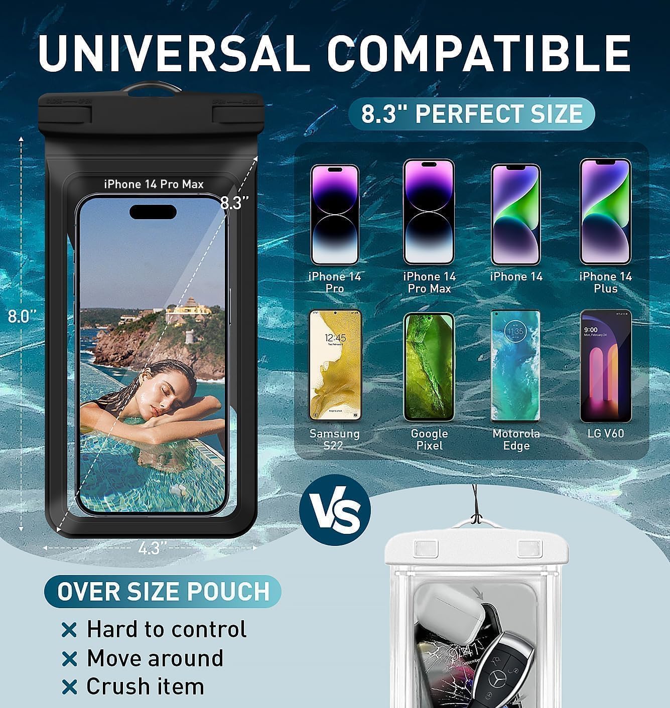 Waterproof Phone Pouch, with Inside Card Bag, Large Waterproof Case for iPhone 16 15 14 13 Pro Max,IPX8 Certified Lightweigt Cellphone Dry Bag, Beach Cruise Ship Essentials, 1 Pack-Black-8.3″