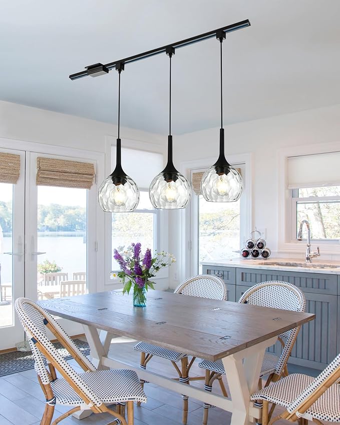 VINLUZ 3 Pack H-Type Matte Black Track Lighting Pendant Industrial Kitchen Island Lighting with Round Ribbed Glass Shades, Hanging Chandelier for Dining Room