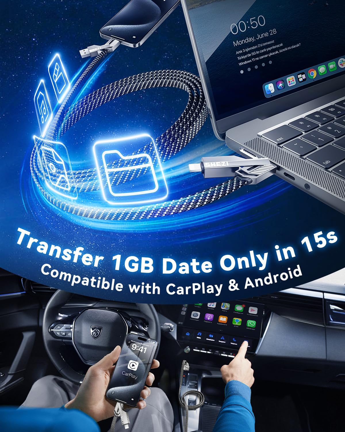 [One is Enough]4-in-1 USB C to Lightning Cable, 46W High-Speed Charging & Fast Data Transfer,CarPlay & Android Auto Support Multi Charger Cord Combo Lightning/Type C/USB A for iPhone/Samsung/iPad,5FT