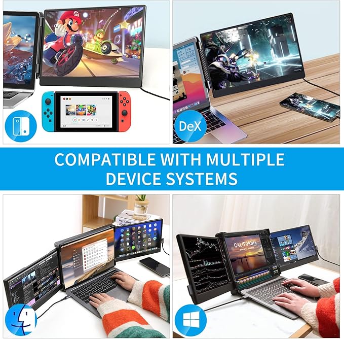 Alecewey Laptop Screen Extender 14 inch Triple Portable Laptop Monitor Attachment FHD 1080P Extra Screen for 13-17’’ Laptops with Windows Chrome Mac