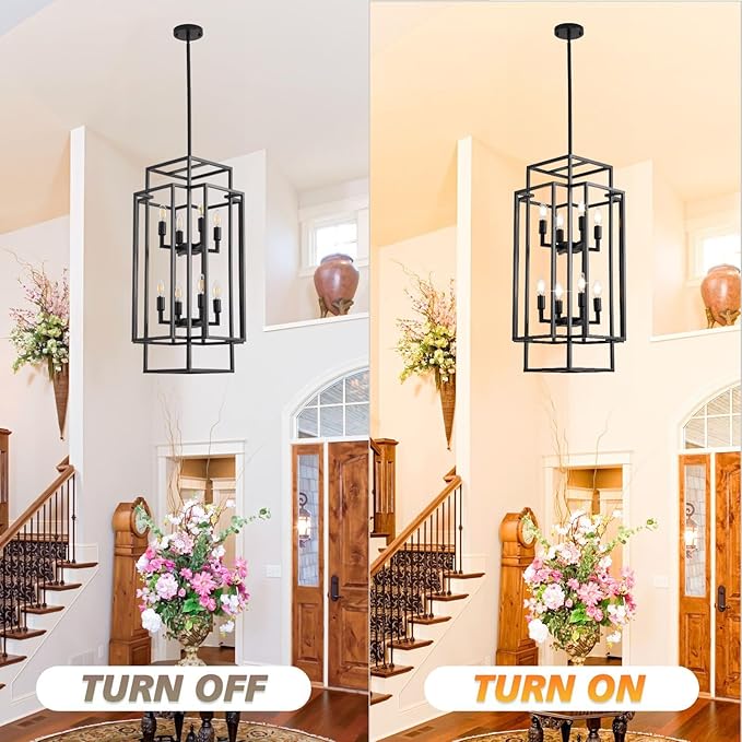 WJShome Modern Black Chandelier, 31.5" Large Chandeliers for High Ceilings, 8-Light Tiered Lantern Pendant Light, Farmhouse Foyer Lighting Fixtures, for Living Room, Staircase, Entryway
