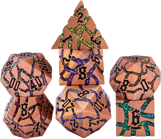 DND Metal Dice Set,7PCS Crack Glitter Metallic Dice with Gift Box,Polyehdral Dice Set for Dungeons and Dragons (Antique Red Copper 7 Colors)