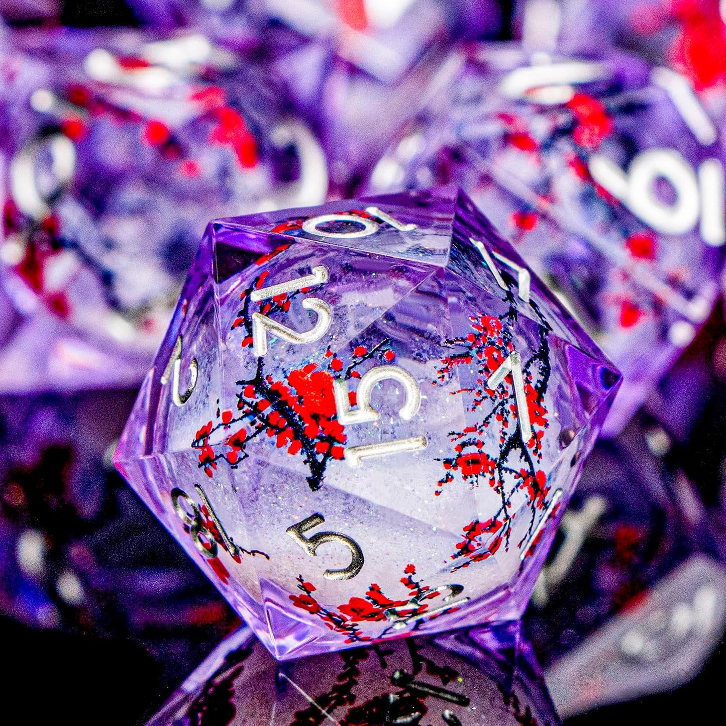 Plum Blossom DND Dice Purple Liquid Core Dice Set with Metal Box, Handmade Sharp Edge Dice D and D Polyhedral Dice for use with D&D RPG Role Playing Game