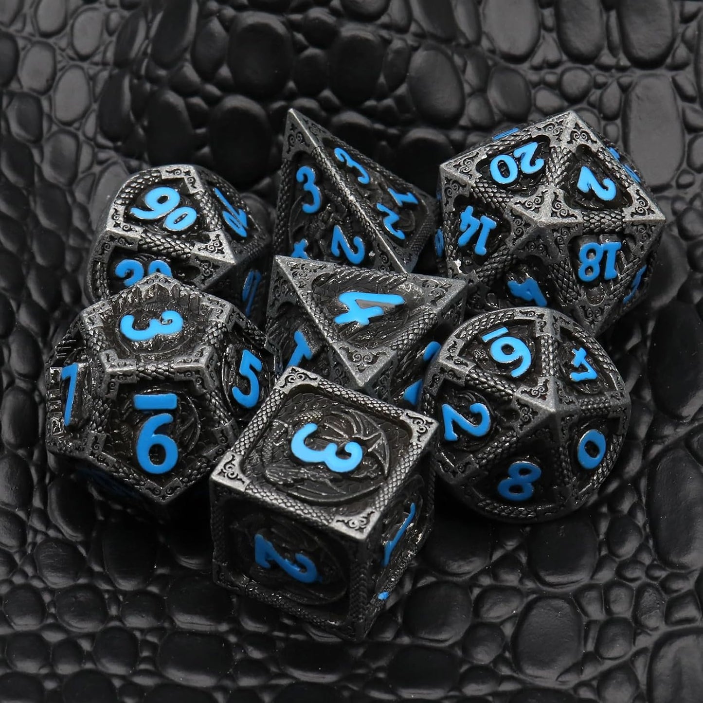 Haxtec Metal DND Dice Set Black Blue Dragon D&D Dice Set with Leather Dice Bag Metal Polyhedral Dice Compatible with Dungeons and Dragons Gifts TTRPG Dice